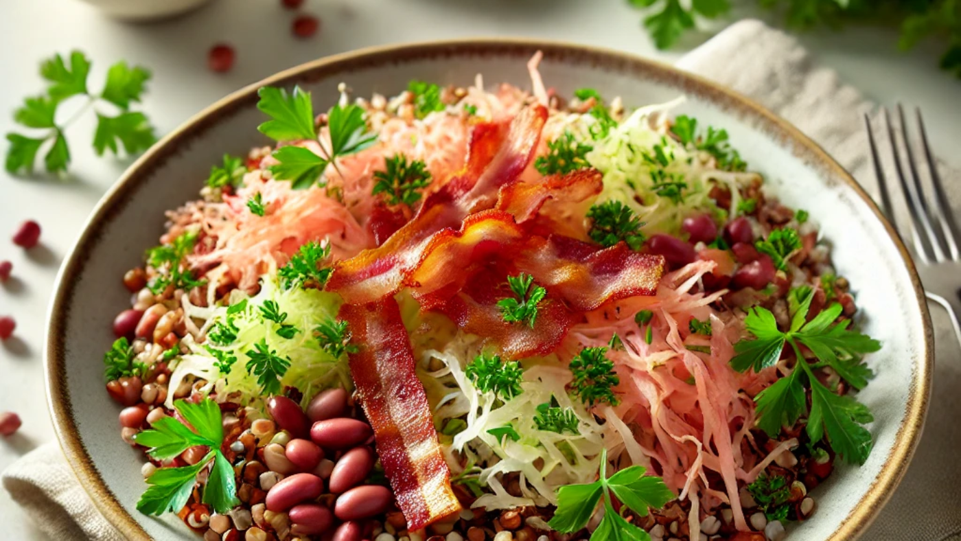 DALL·E 2025-02-20 11.22.57 - A fresh salad with buckwheat, sauerkraut, red beans, crispy bacon, and parsley arranged beautifully in a bowl. The salad is vibrant with the colors of